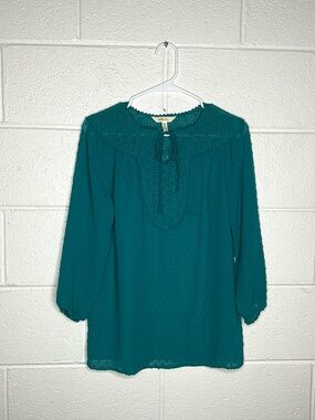 < Matilda Jane Teal Colored Swiss Dot Tie Neck Long Sleeve Top >